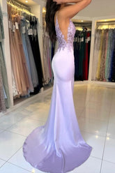 Gorgeous Column Satin Lace V-Neck Sleeveless Prom Evening Dresses With Appliques Split